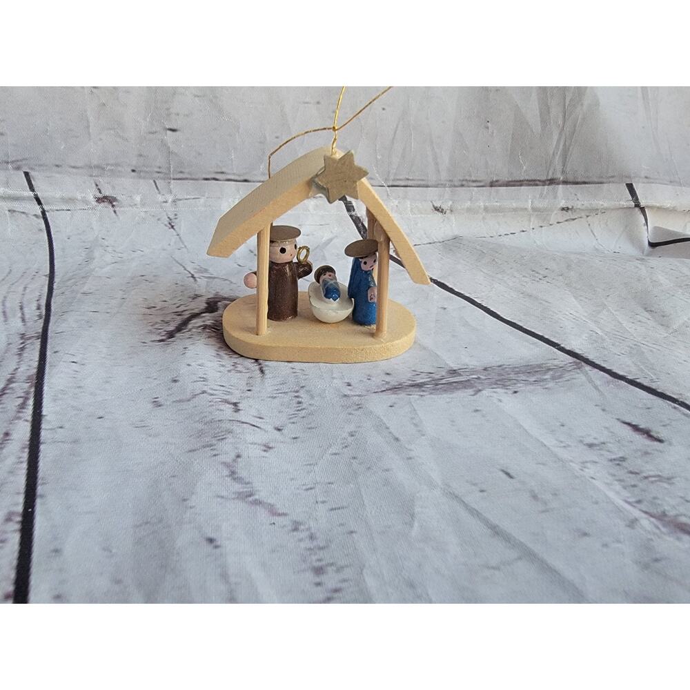 Vintage Wood Feri Nativity Mary Joseph Jesus Wood Figure Set Ornament In Stable